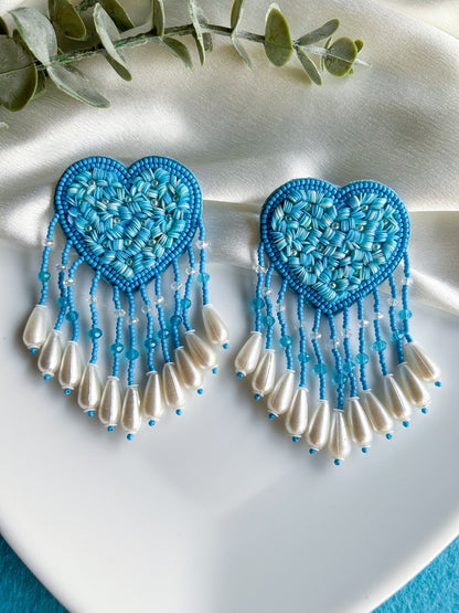 Aqua Blue Heart Drop Handmade Beaded Tassel Earrings