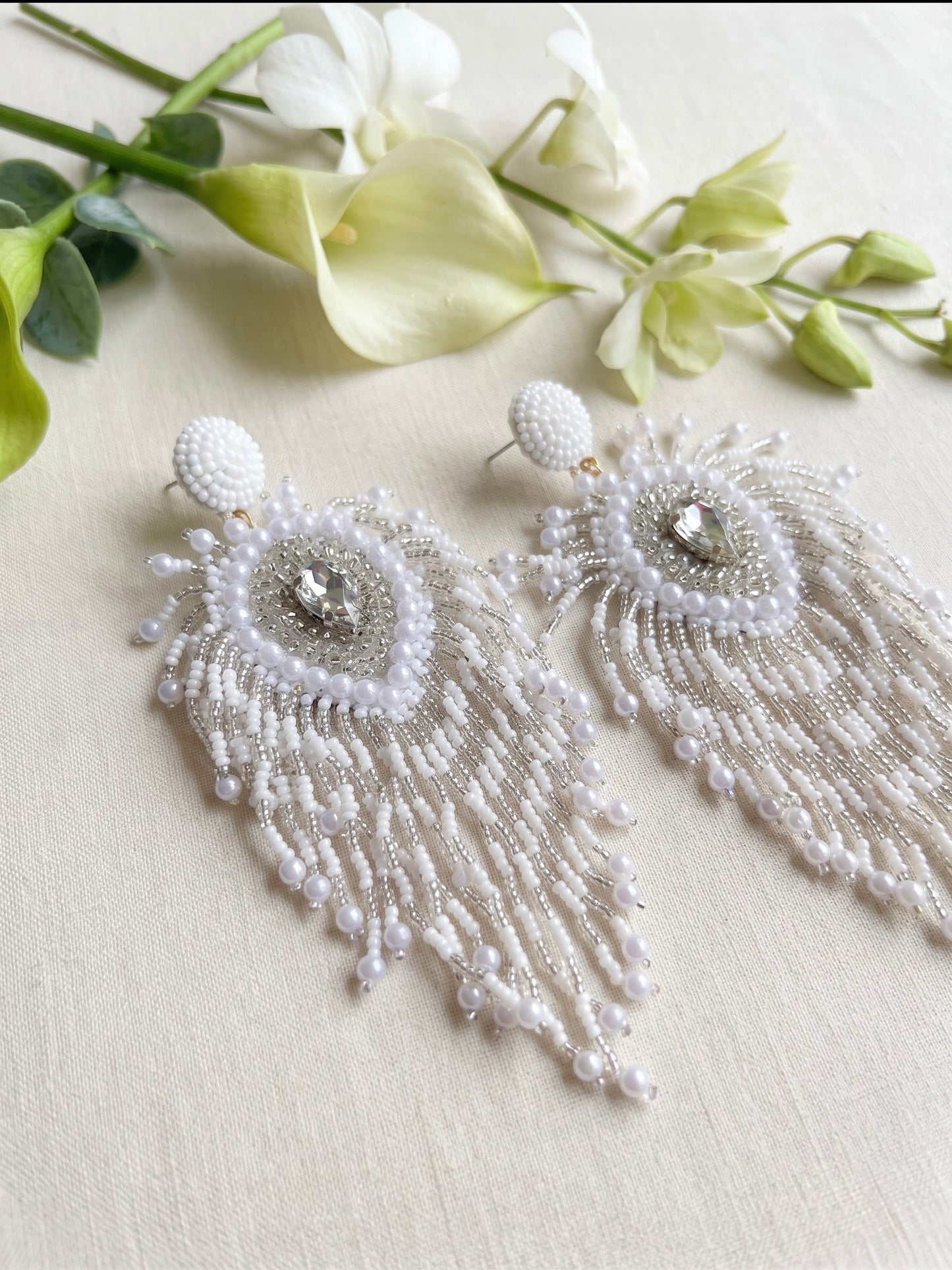 Noorani Peacock Handmade Beaded Bird Feather Tassel Earrings