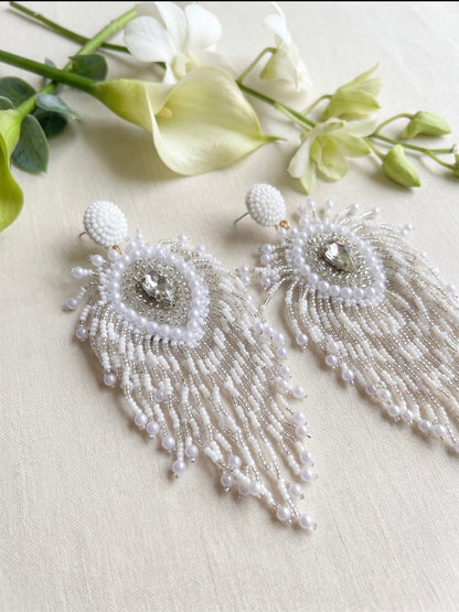 Noorani Peacock Handmade Beaded Bird Feather Tassel Earrings