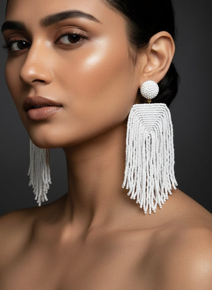 Luxe Snow White Handmade Beaded Tassel Earrings