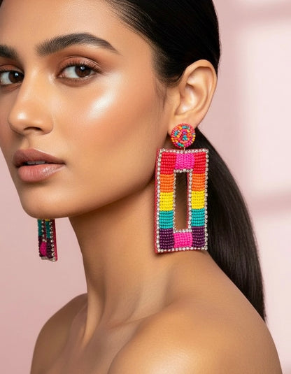Vibrant Rainbow Drop Handmade Beaded Earrings