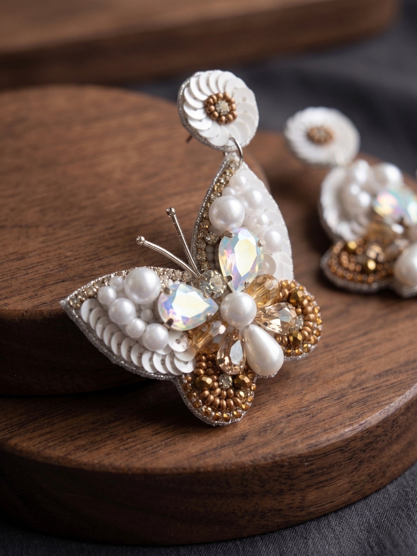 Luxe Crystal White Handmade Beaded Butterfly Earrings