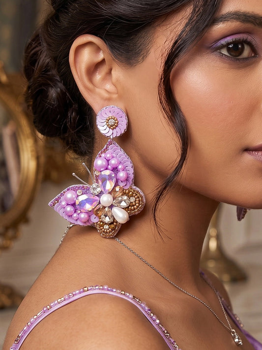 Luxe Crystal Lilac Purple Handmade Beaded Butterfly Earrings