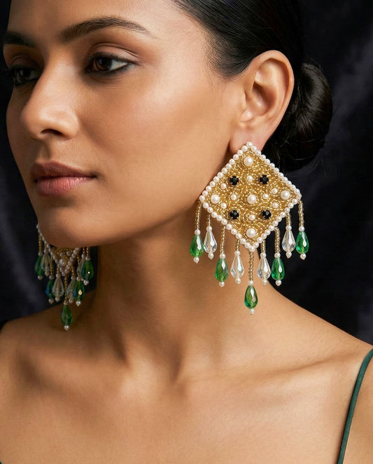 Golden Emerald Green Glamour Handmade Beaded Earrings