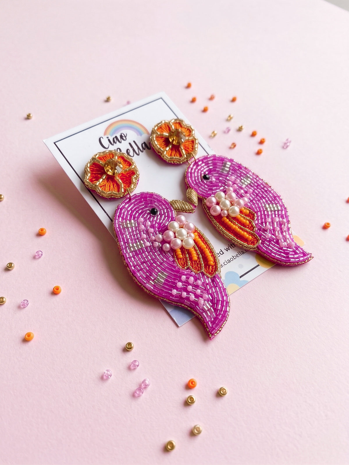 Blooming Birdie Pink Orange Handmade Beaded Earrings