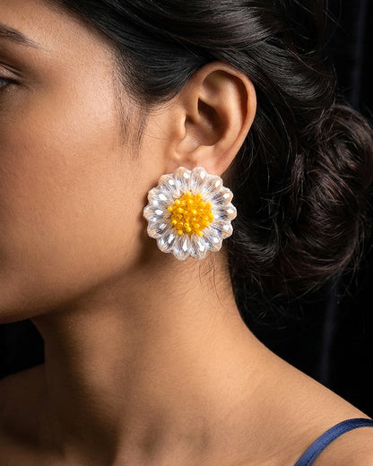 Sparkling White Daisy Stud Handmade Beaded Flower Earrings