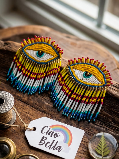 Golden Gaze Yellow Pink Evil Eye Handmade Beaded Tassel Earrings