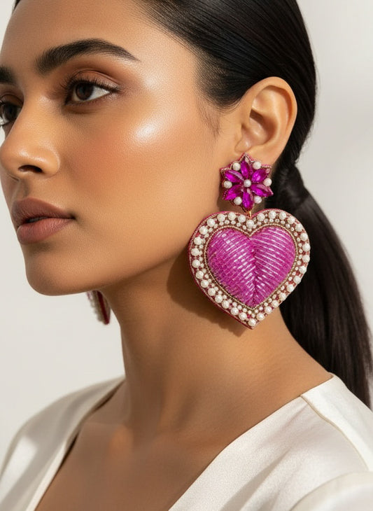 Ishqiya Pink Heart Drop Handmade Beaded Earrings