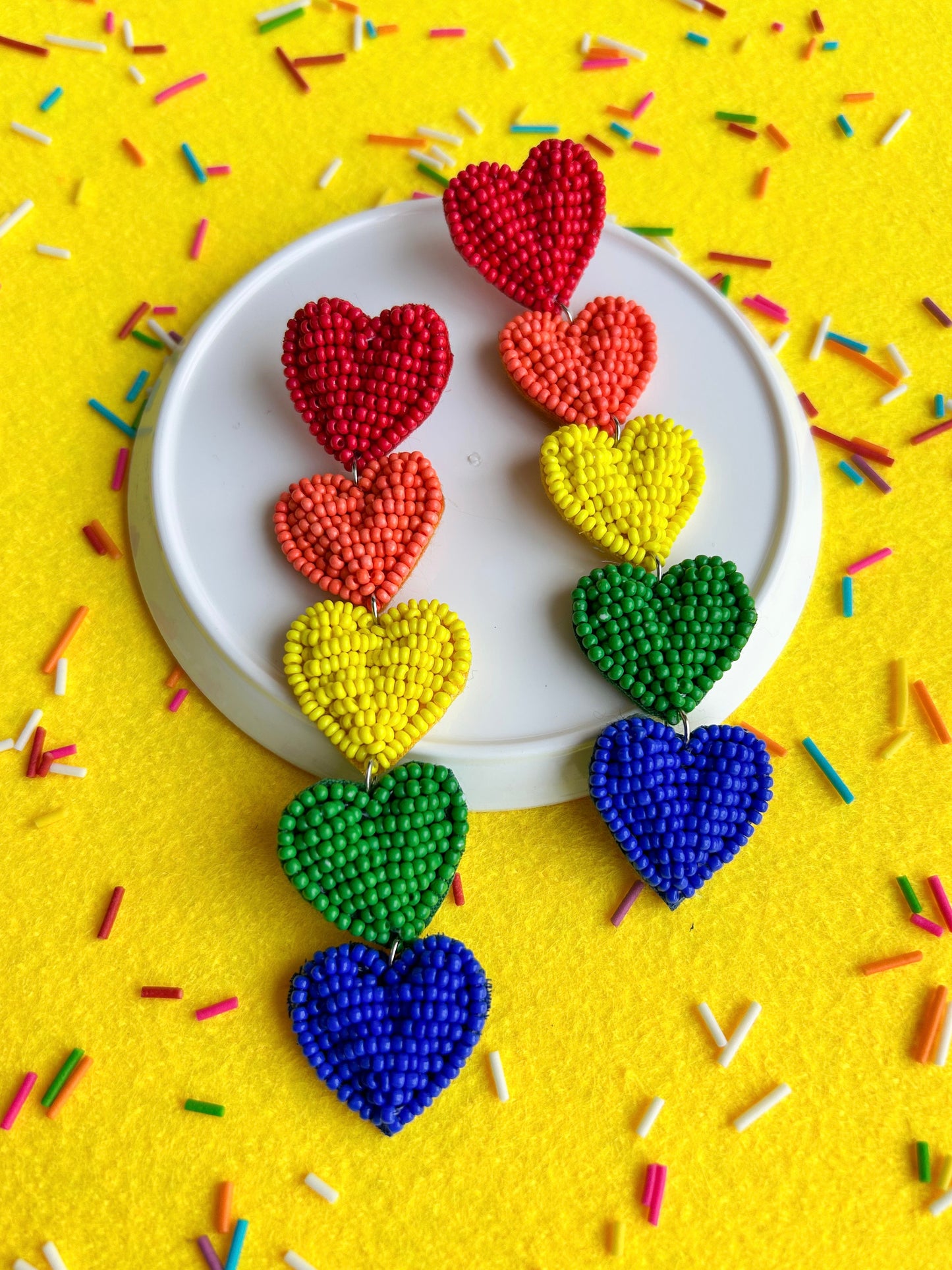 Rainbow Love Drops Handmade Beaded Heart Earrings