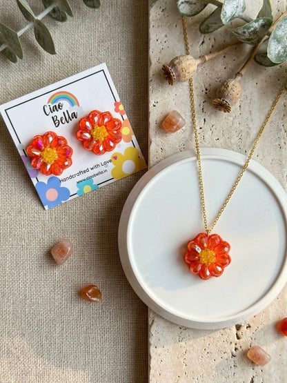 Sparkling Sunset Orange Flower Handmade Beaded Necklace + Earrings Set
