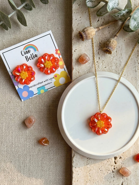 Sparkling Sunset Orange Flower Handmade Beaded Necklace + Earrings Set