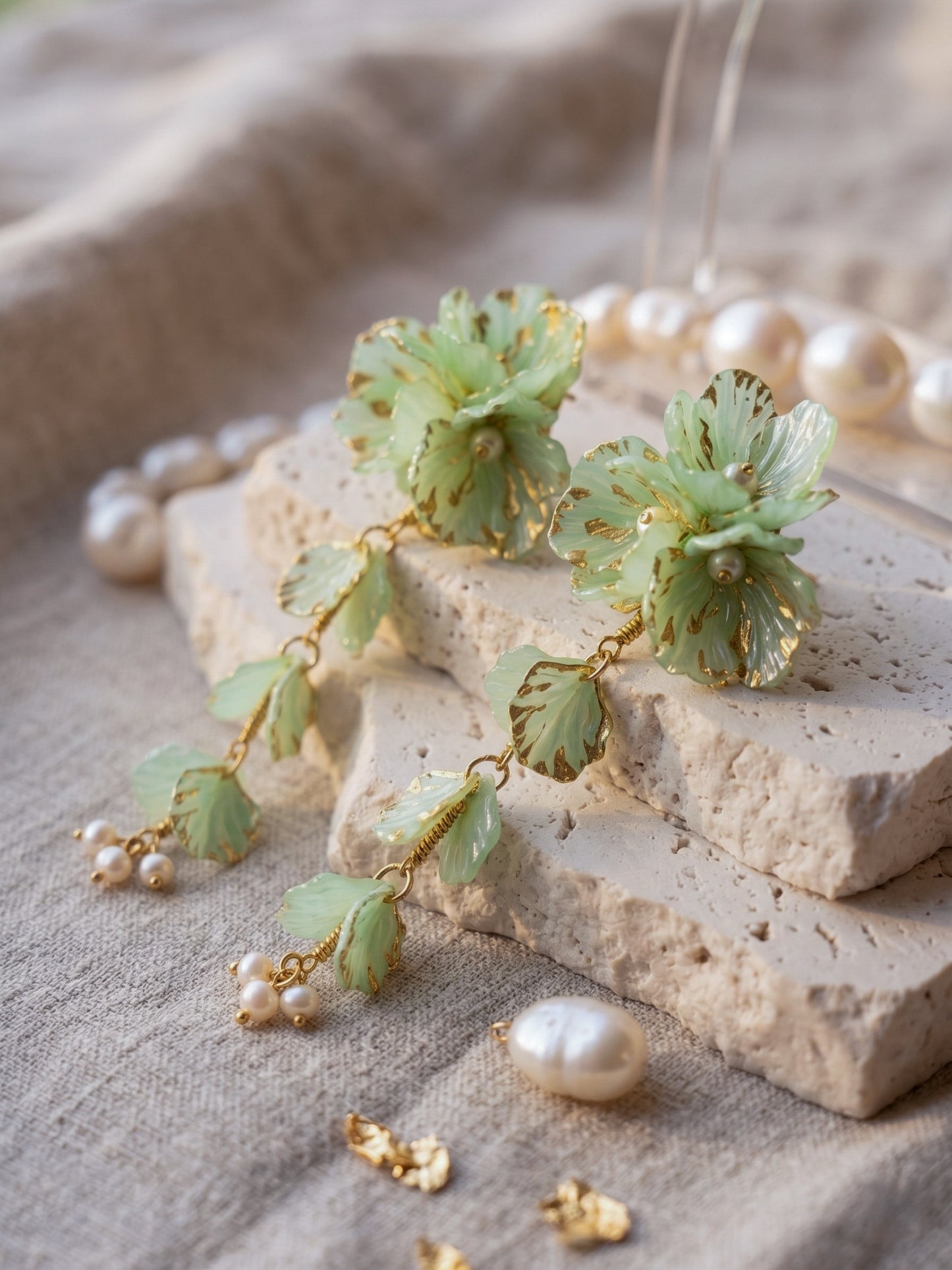 Aurelia Flower Mint Green Statement Handmade Beaded Earrings