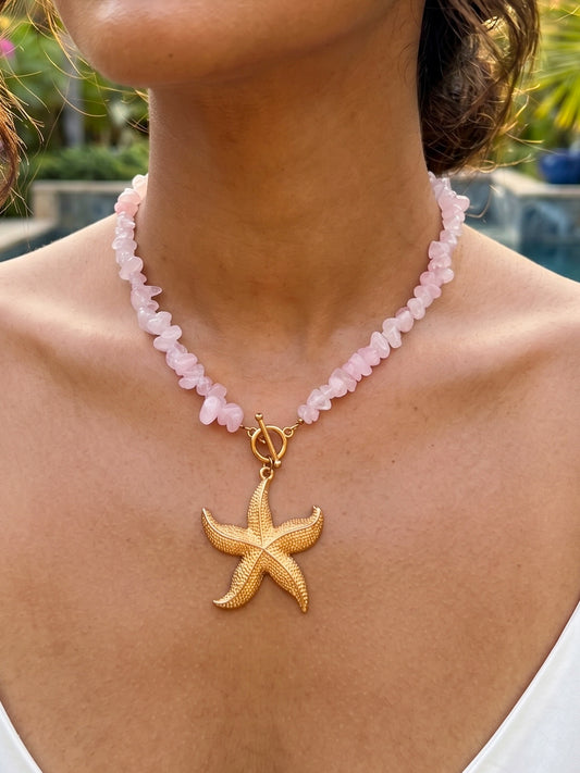 Marine Style Starfish Blush Pink Handmade Beaded Chain Necklace