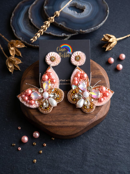 Luxe Crystal Peach Handmade Beaded Butterfly Earrings