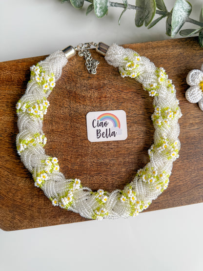 Luxe Flora Silver White Handmade Beaded Necklace + Earrings Set