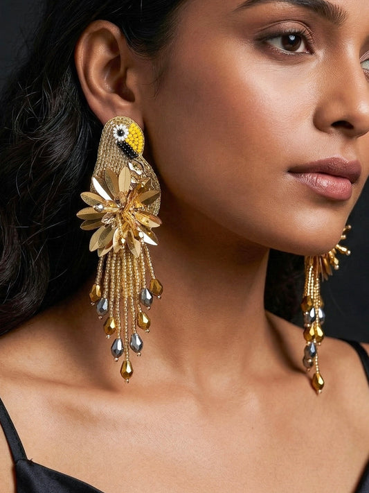 Luxe Paradise Golden Parrot Earrings Handmade Beaded Bird Earrings