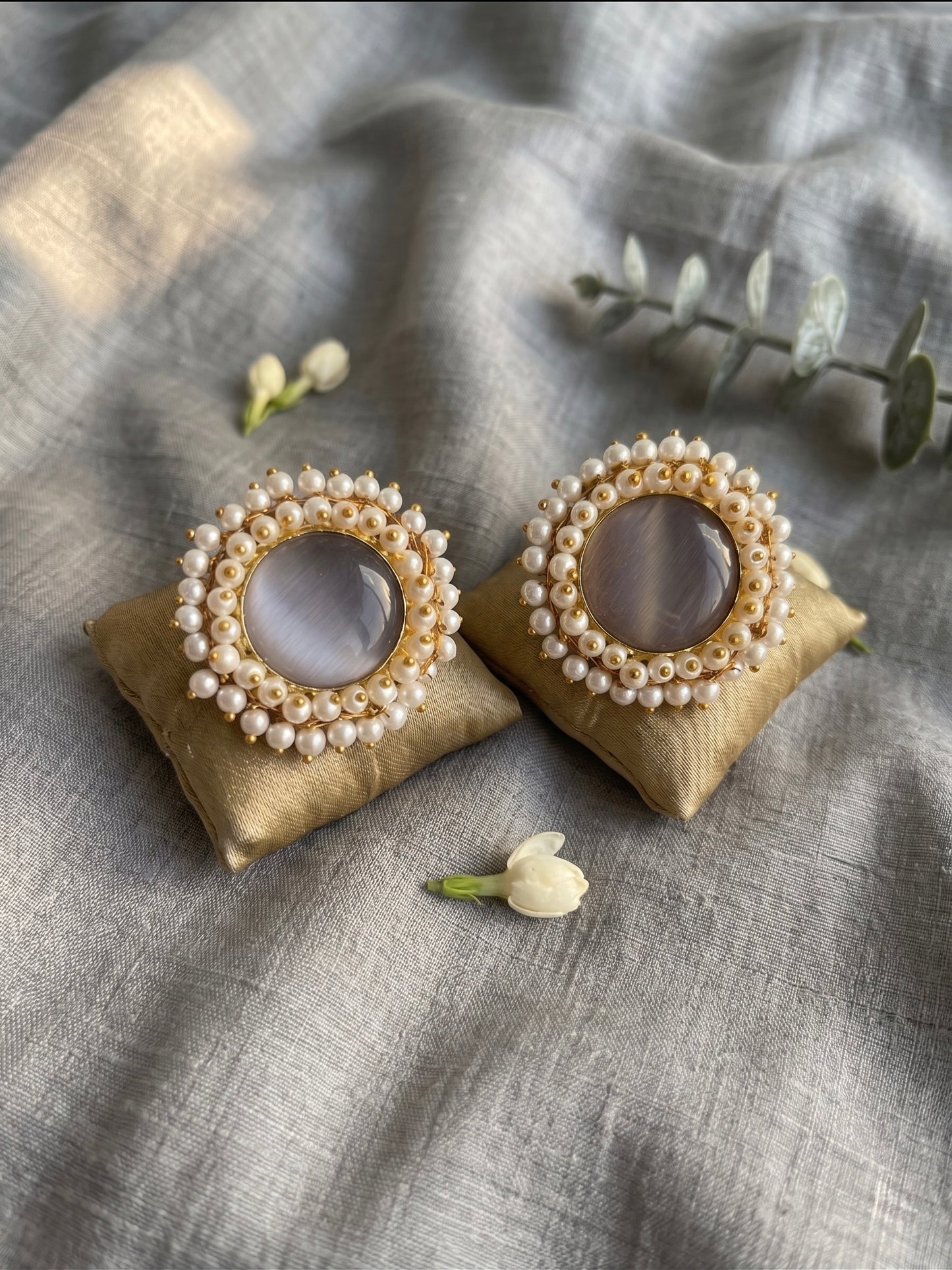 Sitara Grey Pearl Round Handmade Brass Earrings