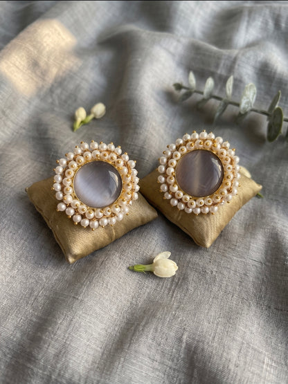 Sitara Grey Pearl Round Handmade Brass Earrings