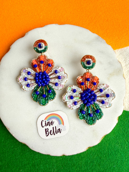 Tiranga Petals Flower Handmade Tricolour Beaded Earrings