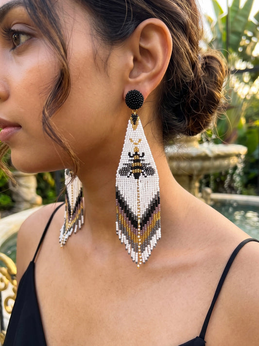 Amber White Bee Handmade Beaded Tassel Earrings