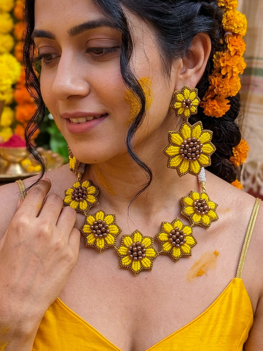 Sunflower Handmade Beaded Necklace + Earrings Set
