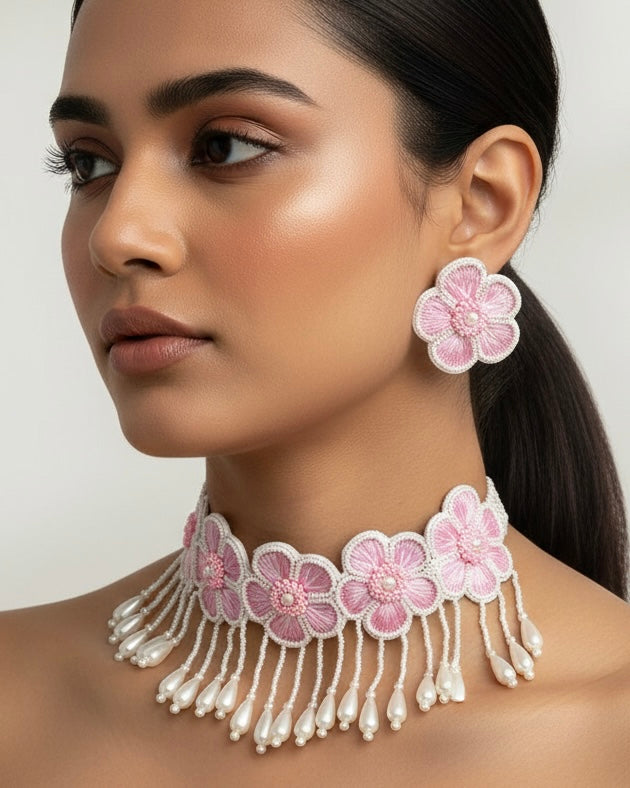 Pink Blossom Handmade Choker Necklace + Earrings Set