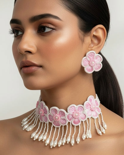 Pink Blossom Handmade Choker Necklace + Earrings Set
