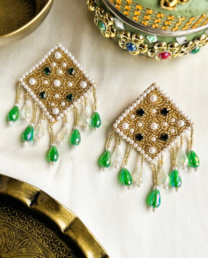 Golden Emerald Glamour Handmade Beaded Earrings