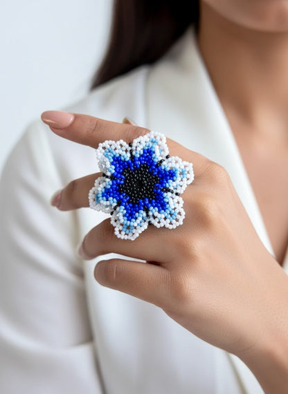 Blossoming Blue Flower Handmade Beaded Ring