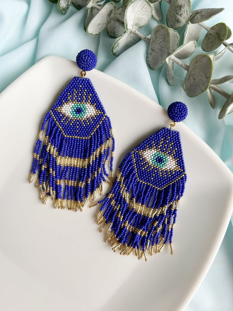 Nazarbattu Blue Evil Eye Handmade Beaded Tassel Earrings