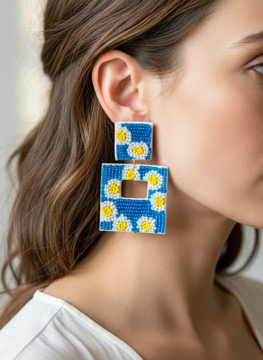 Turquoise Sun-Kissed Handmade Beaded Flower Earrings