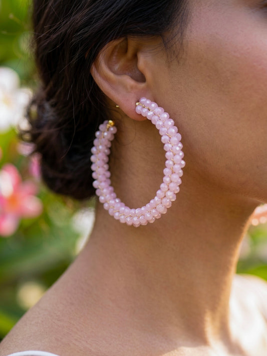 Woven Blush Pink Crystal Handmade Beaded Hoop Earrings