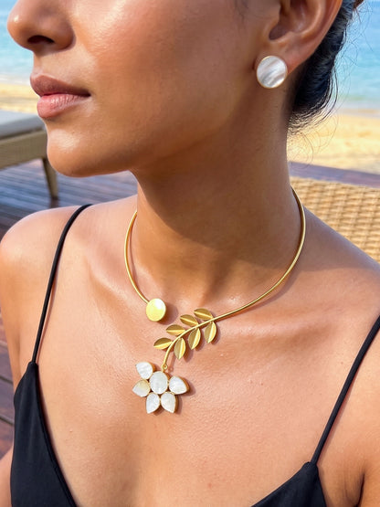 Camellia Bloom Mother of Pearl Handmade Brass Necklace + Stud Earrings Set