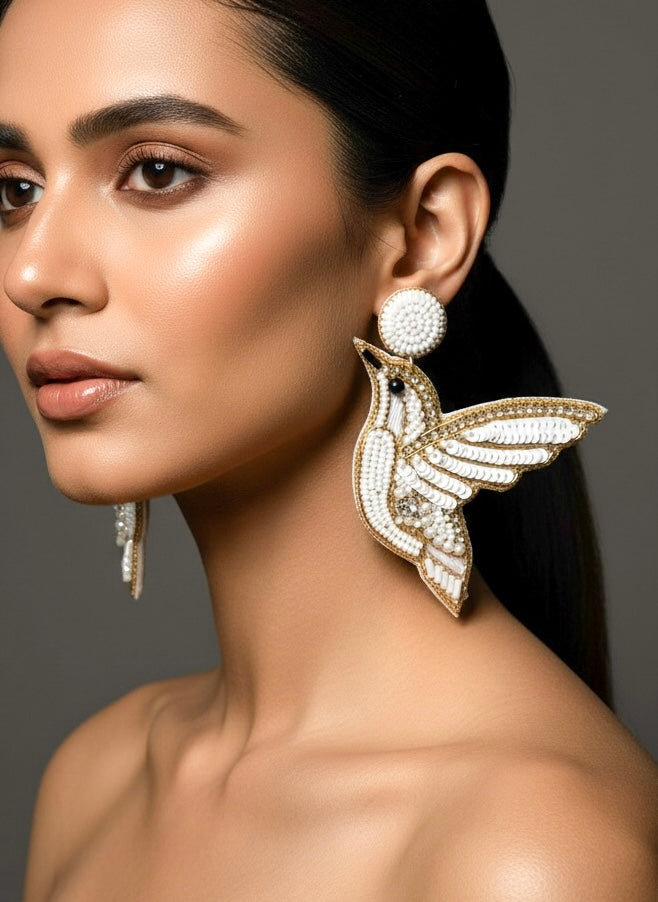 Ivory Humming Bird Handmade Beaded Earrings