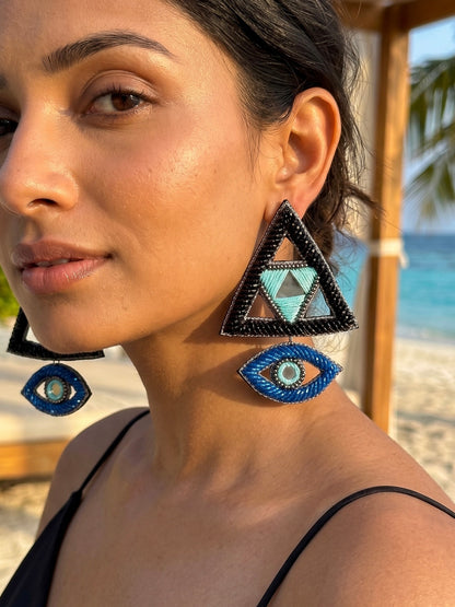Electric Black & Blue Evil Eye Handmade Beaded Earrings