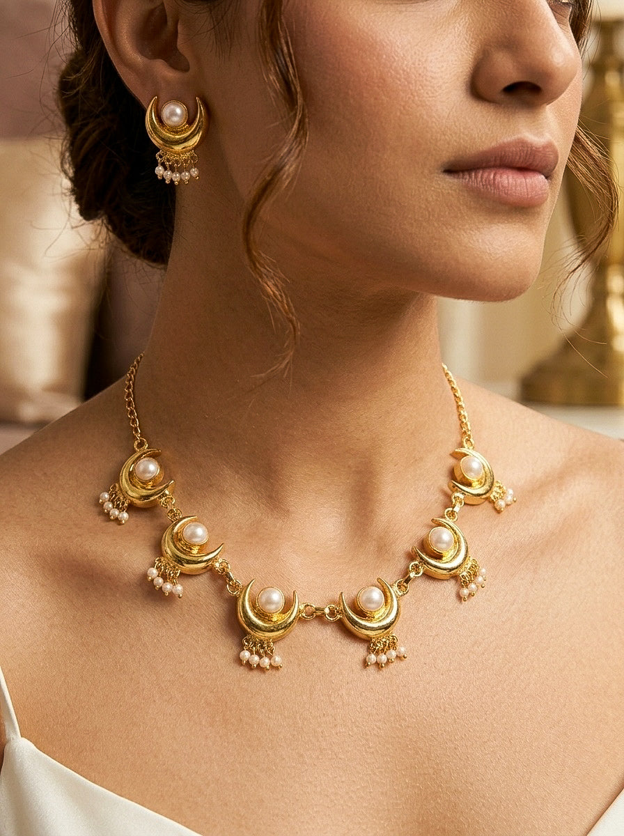Noor Crescent Pearl Handmade Brass Necklace Set