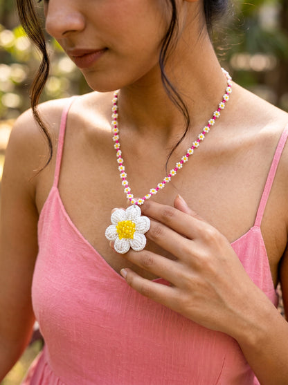 Spring Bloom Pink White Daisy Handmade Beaded Necklace