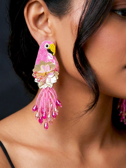 Luxe Paradise Pink Parrot Handmade Beaded Bird Earrings
