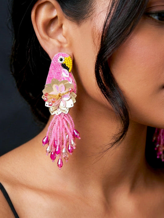 Luxe Paradise Pink Parrot Earrings Handmade Beaded Bird Earrings