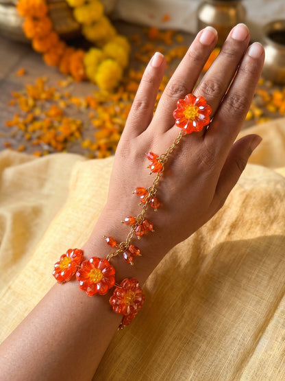 Sparkling Orange Daisy Flower Handmade Beaded Hathphool (Single Hand)