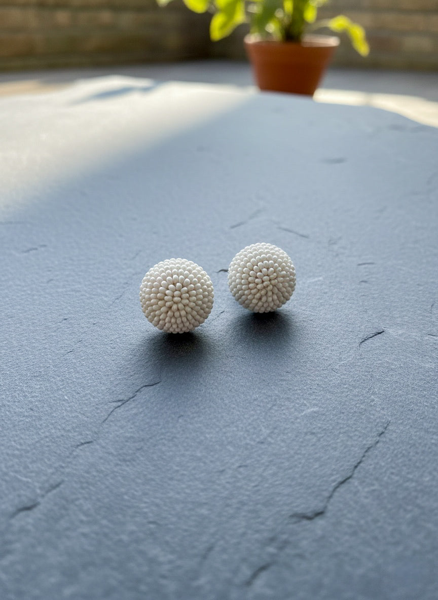 White Round Handmade Beaded Stud Earrings