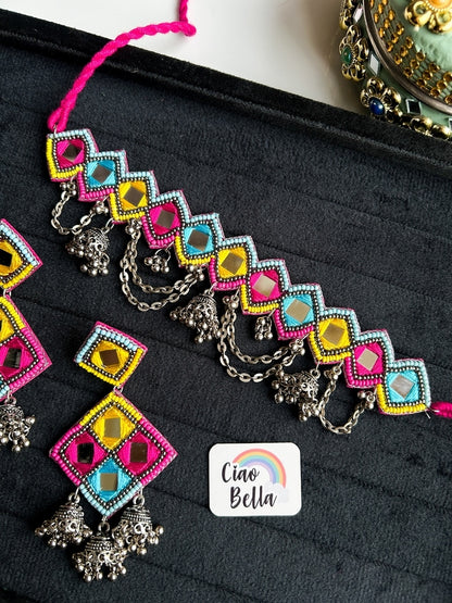 Rangrez Mirror Handmade Beaded Necklace & Earrings Set