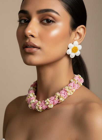 Luxe Flora Pink Handmade Beaded Necklace + Earrings Set
