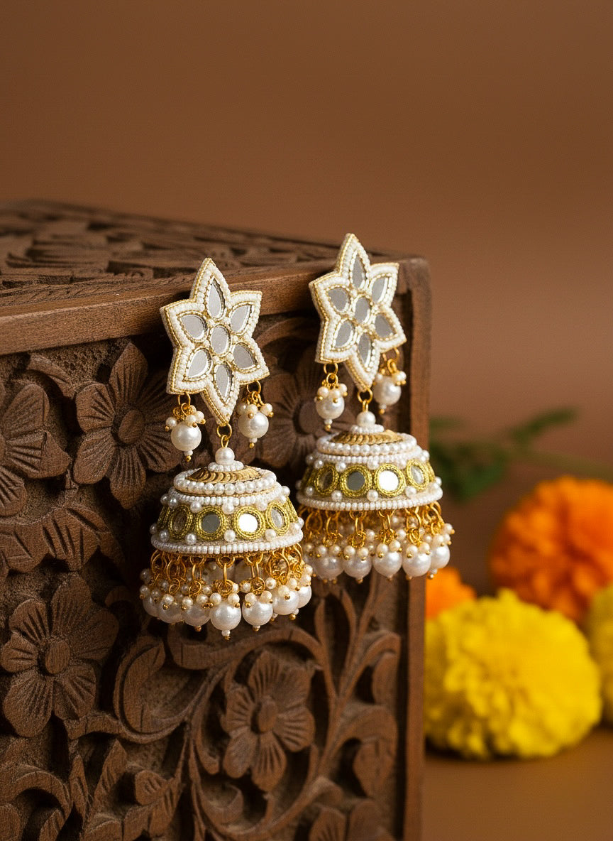 Noor Mirror Handmade Beaded Jhumka Earrings