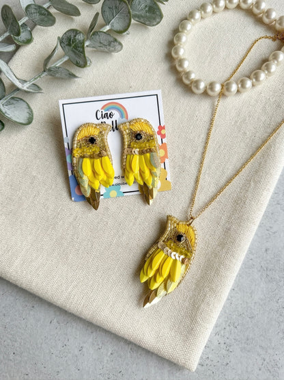 Chirpy Sunny Yellow Parrot Handmade Beaded Necklace + Earrings Set