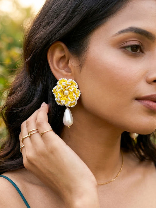 Crochet Yellow White 3D Rose Pearl Drops Flower Handmade Beaded Earrings