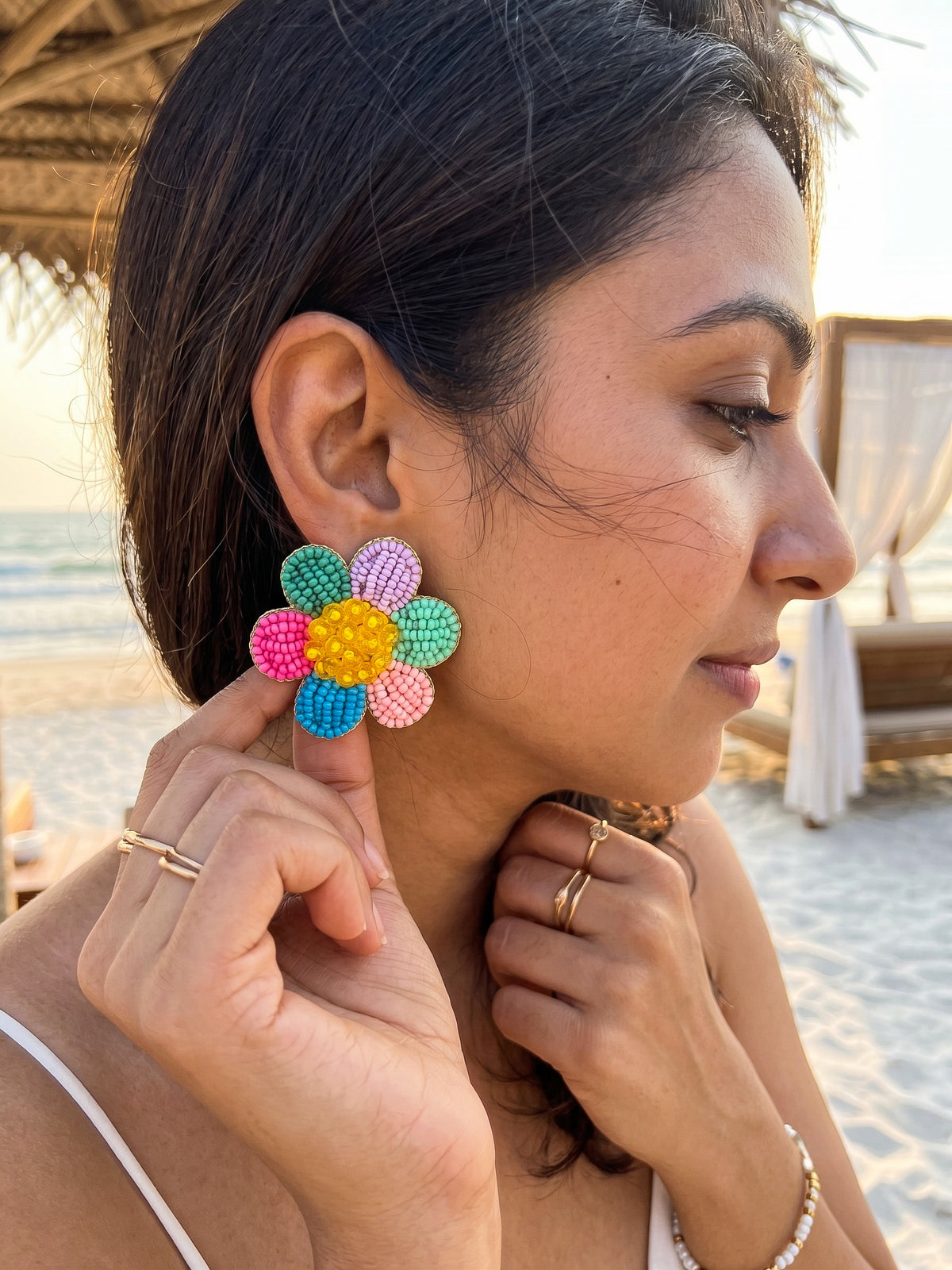 Rainbow Daisy Stud Handmade Beaded Flower Earrings