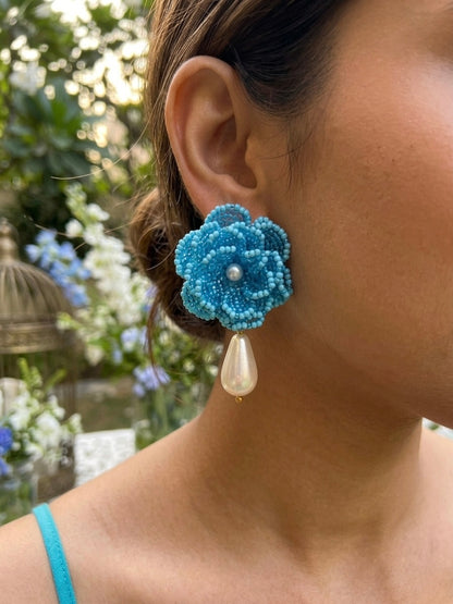 Crochet Aqua Blue 3D Rose Pearl Drops Flower Handmade Beaded Earrings