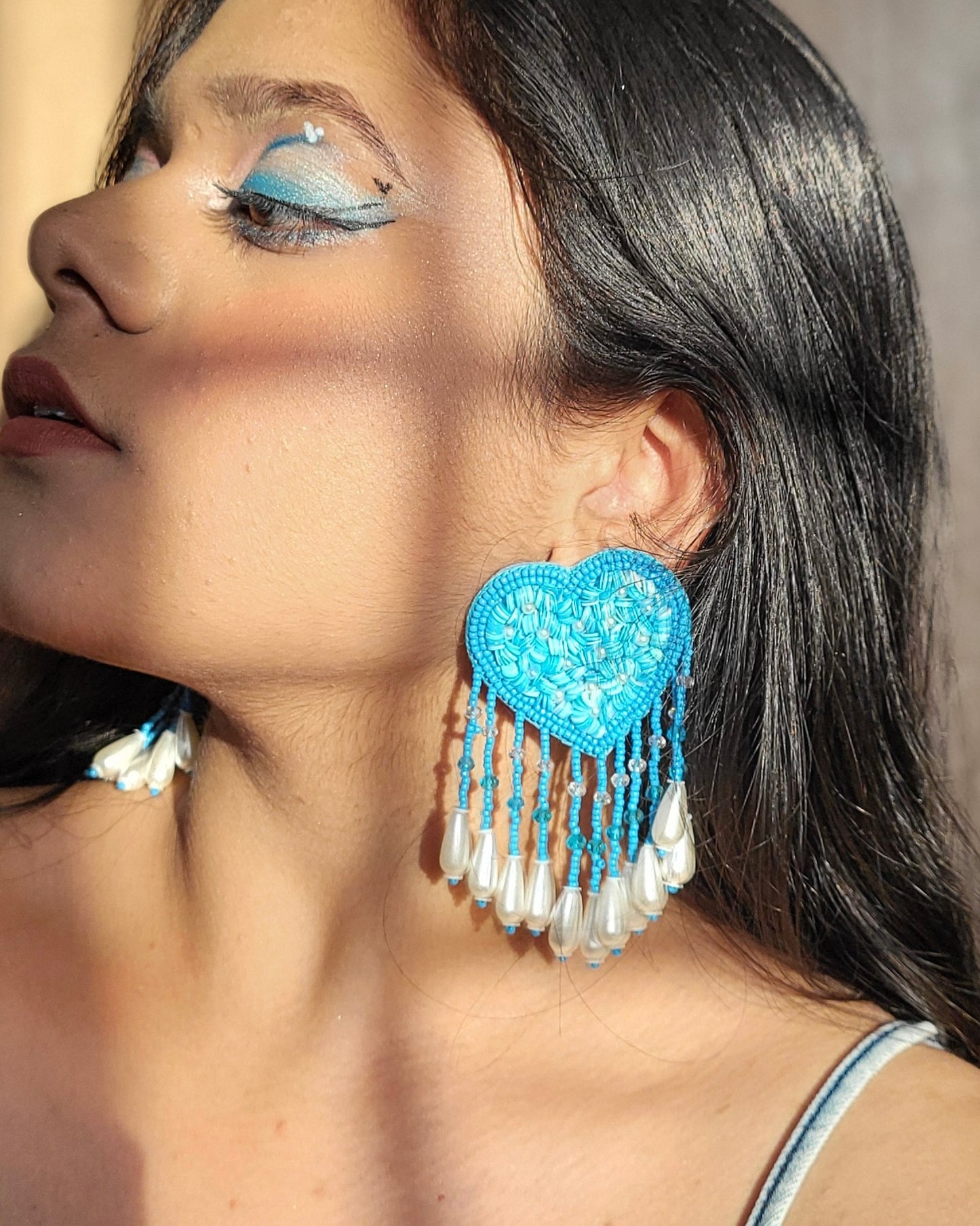 Aqua Blue Heart Drop Handmade Beaded Tassel Earrings