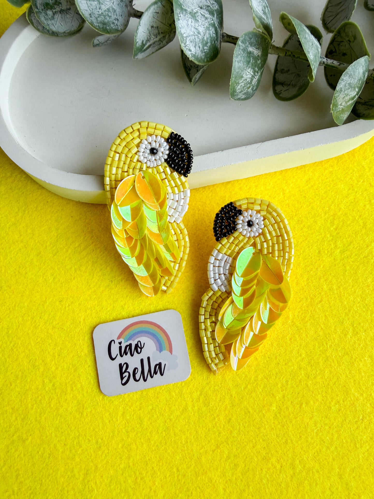Sunny Yellow Parrot Handmade Beaded Bird Earrings